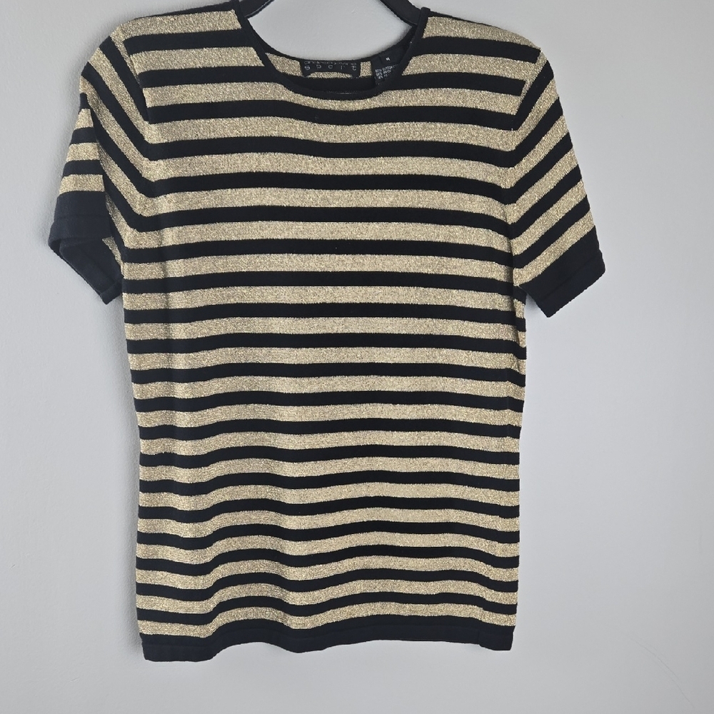 Andrea Jovine Sport Black Gold‎ Stripe Metallic Knit Short Sleeve Top M